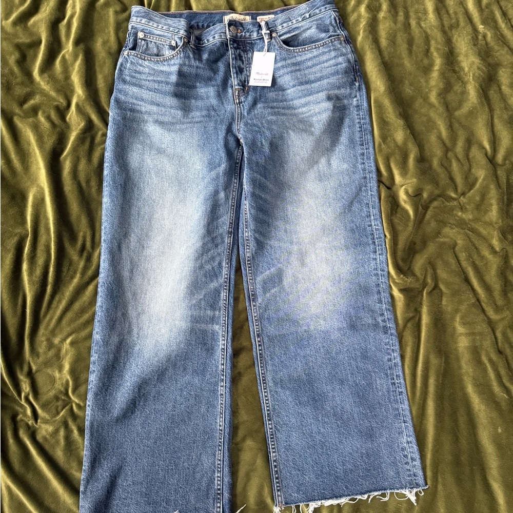 Madewell Blue Flare Wide Leg Jeans with Frayed Hem